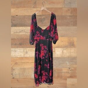 Rebecca B Women’s 12 Long Maxi Floral Dress Black Pink Red Mesh Puff Sleeve Slit
